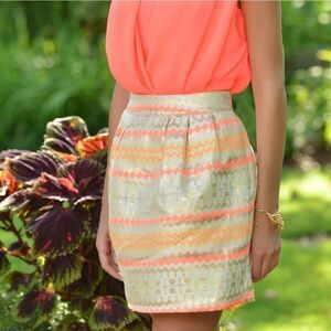 🔹️NWT Lo♡Posh Metallic Gold & Neon Pink Chevron Print Skirt Large